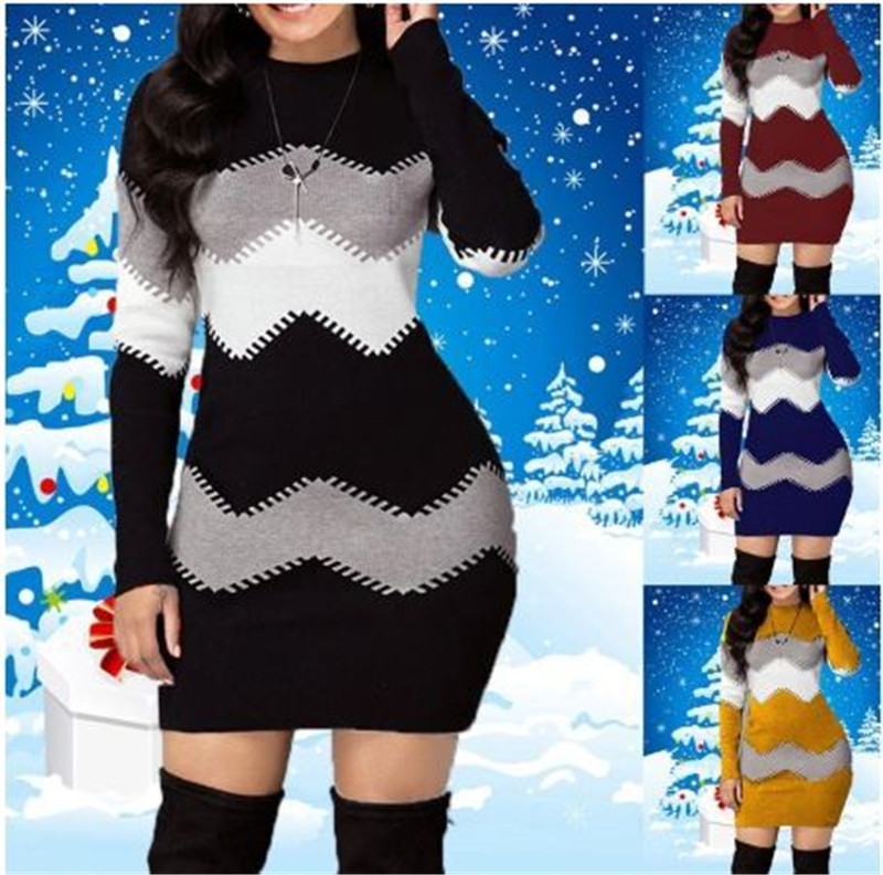 Color Block Long-Sleeved Sweater Bag Hip Skirt