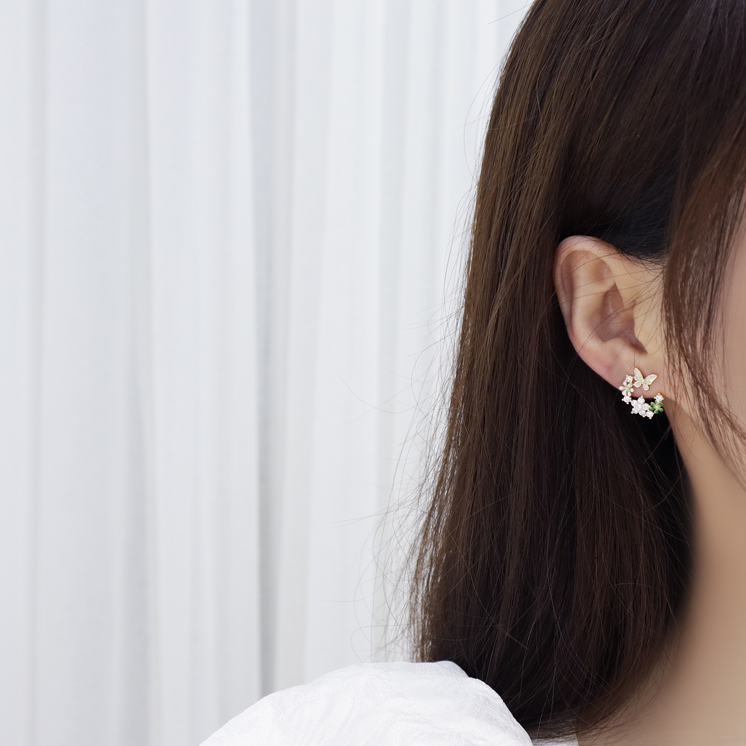 Silver Needle Flower Butterfly Daily Art Stud Earrings Mori Lady Earrings