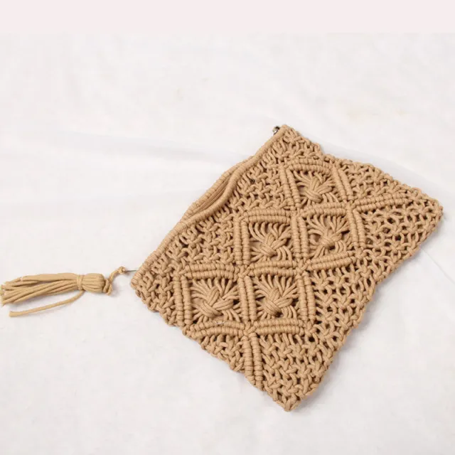 Simple Tassel Clutch Bag Retro Handle Cotton Thread Khaki - Shop at LoveMi