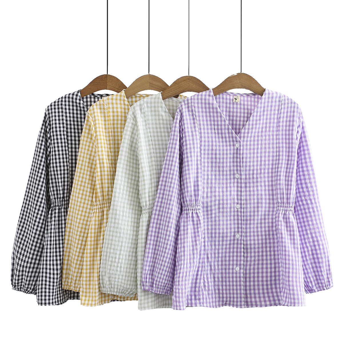 Women's Slim Small Plaid Cardigan Spring Fashion V-Neck Long Sleeve Shirt
