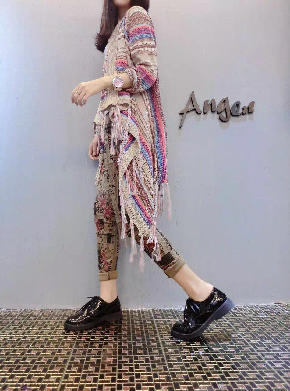 Loose Coat Tassel Colored Striped Knitted Cardigan