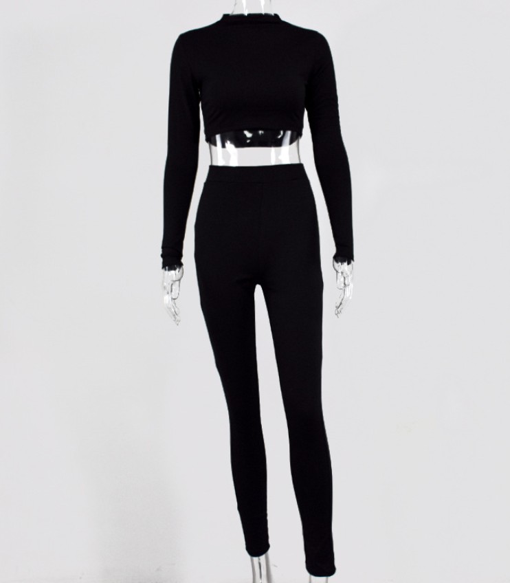 Two-Piece Fashion Suit With Long-Sleeved Crop Top And Trousers