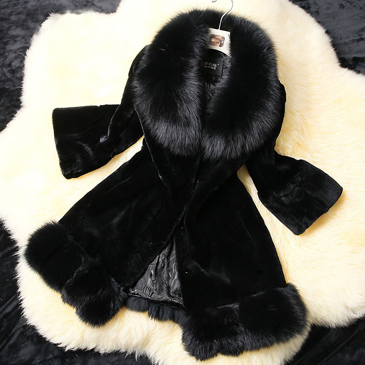 Imitation Fur Rabbit Hair Splicing Big Hair Collar Slim Overcoat Black - Shop at LoveMi