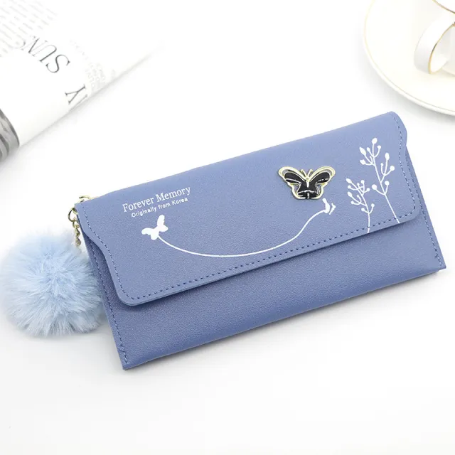 Fashion Ladies Long Solid Color Fur Ball Bow Clutch Blue - Shop at LoveMi