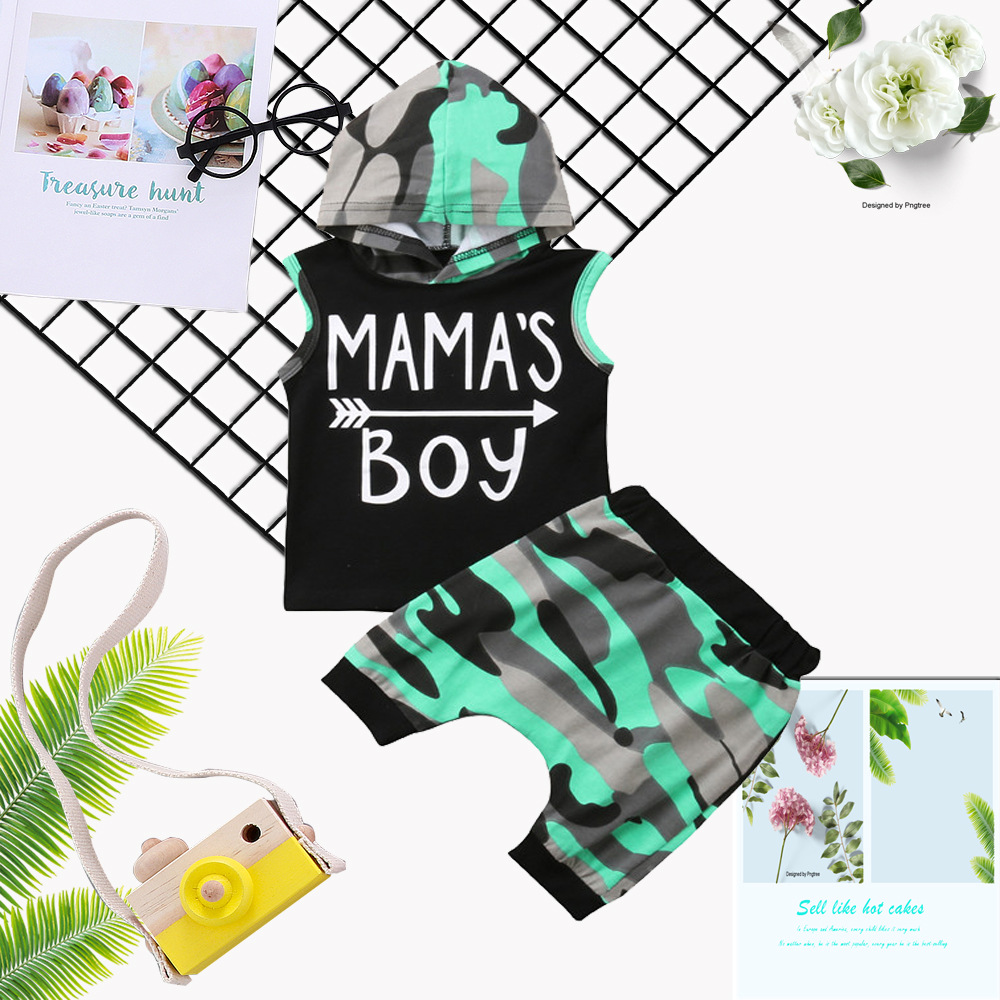 Alphabetic Sleeveless Hooded Camo Suit For Children