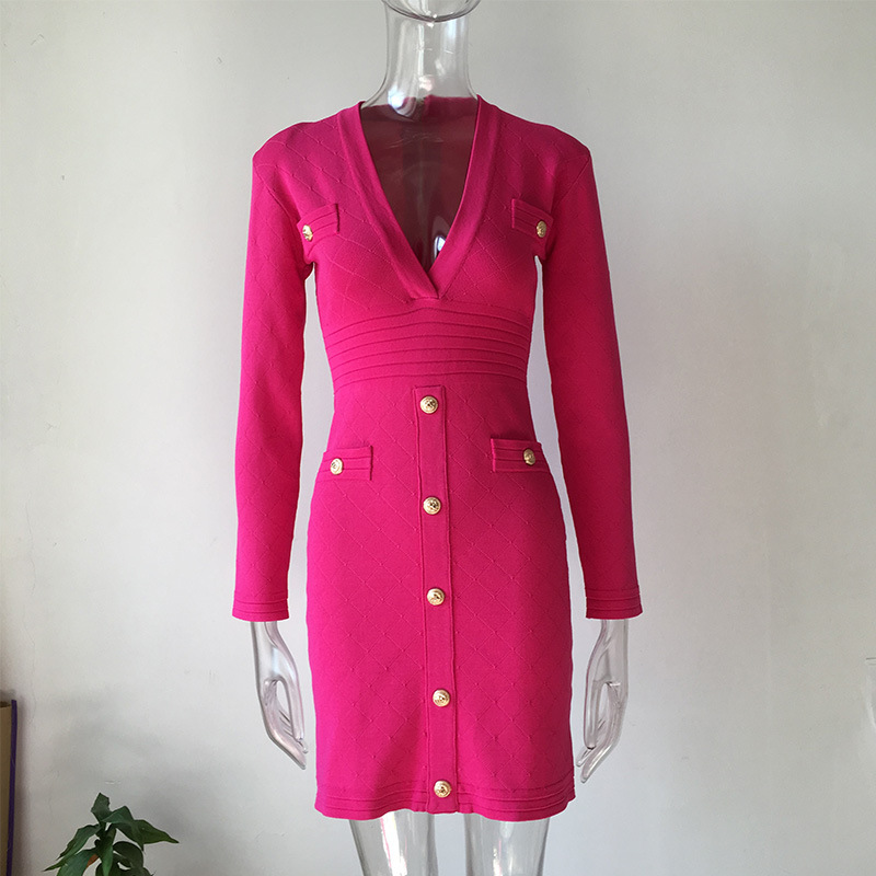 Knit Dress, Base Skirt, Temperament Was Thin, Solid Color V-Neck Long-Sleeved Hip Skirt