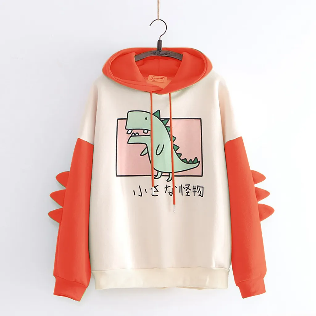 Cute Dinosaur Print Hoodie And Plush Sweatshirt - Orange