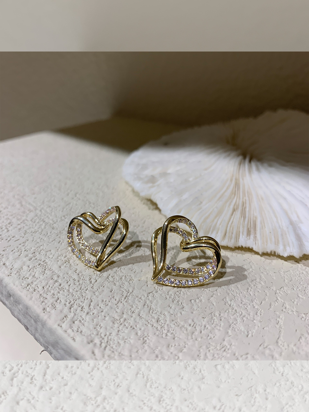 Double Hollow Diamond Love Heart 925 Silver Needle Earrings