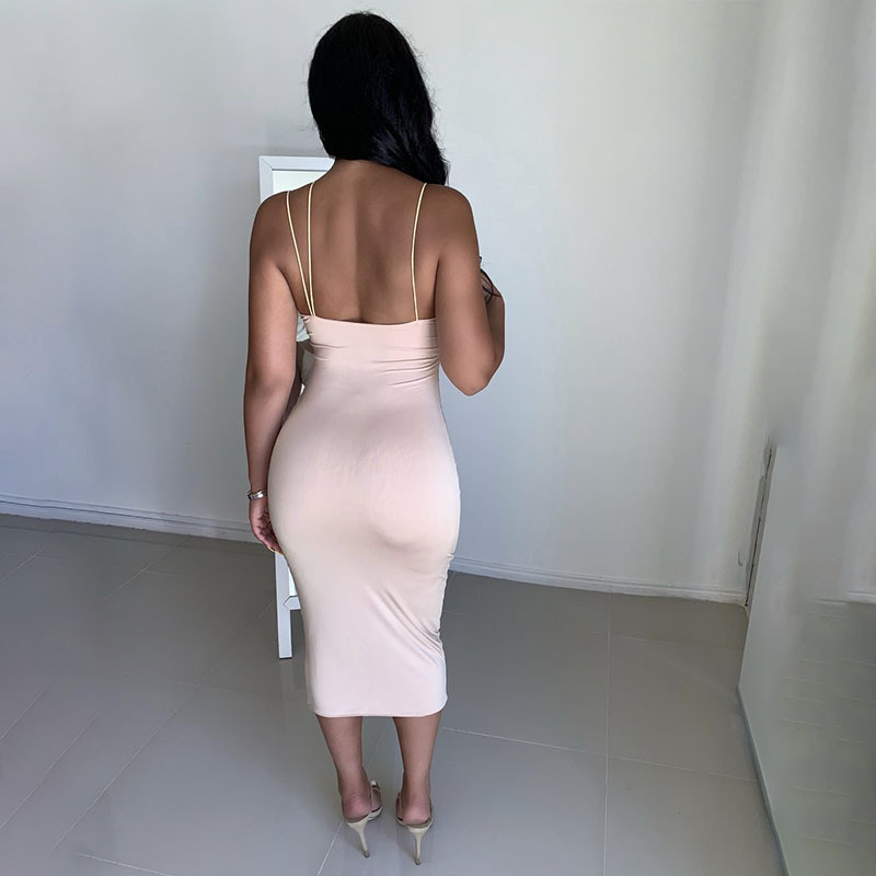 Pure Color Sling Deep V Sexy Slim Backless Dress