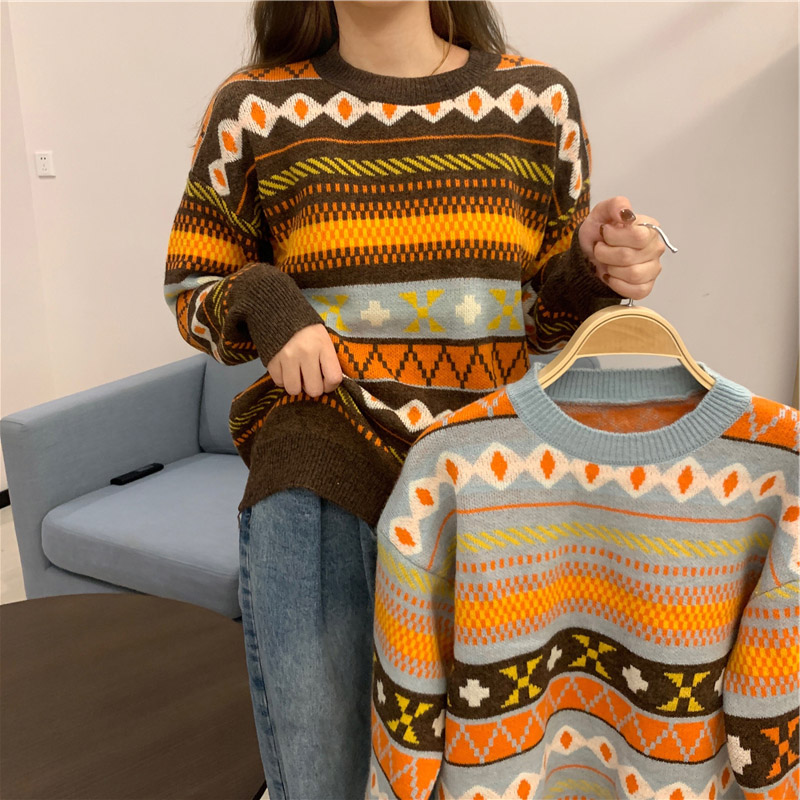 New Trendy Round Neck Long Sleeve Sweater All-Match Loose Sweater Women