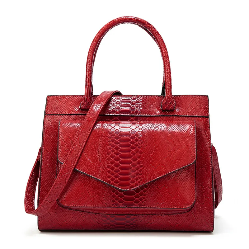 European and American Women's Snake Print Handbag - Red