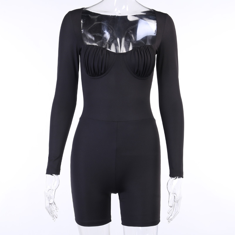 Square Neck Chest Tucked Long Sleeve Shorts Sports Jumpsuit