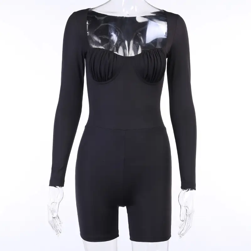 Square Neck Chest Tucked Long Sleeve Shorts Sports Jumpsuit