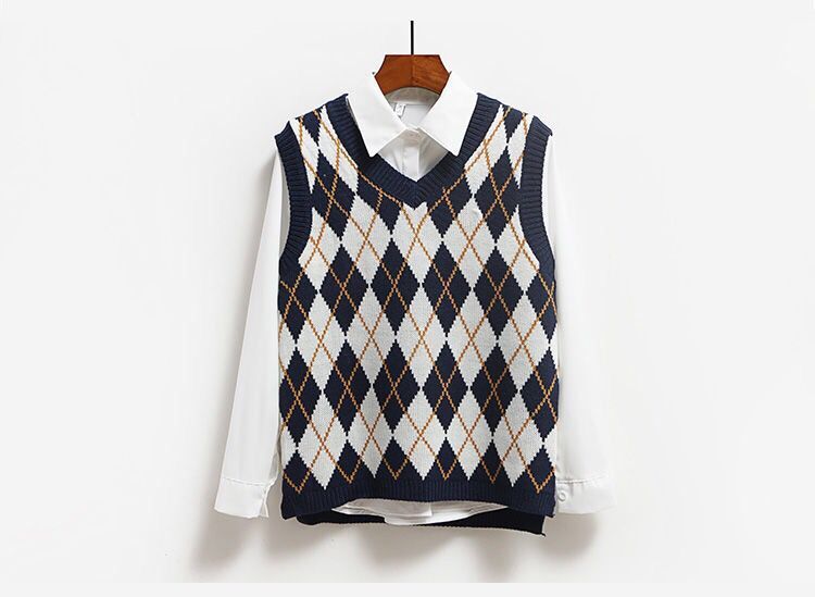 New Diamond Lattice Sleeveless V-Neck Loose Knit Sweater Vest Women's Vest