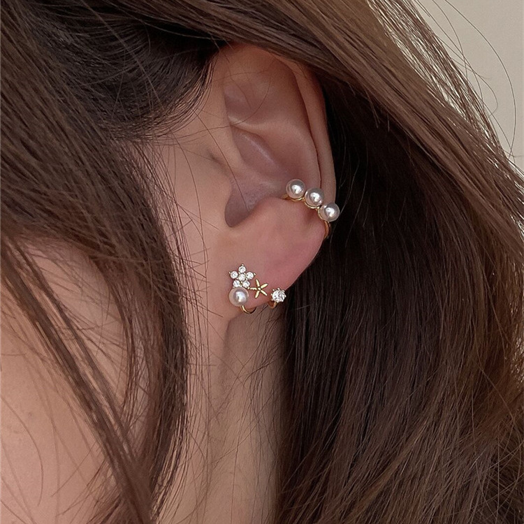 Flower Pearl Stud Earrings Small Earrings Sweet Ear Bone Clip 925 Silver Pin