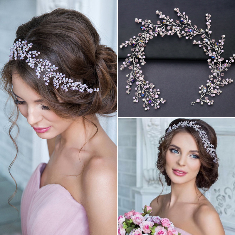 European And American Pink Handmade Crystal Headband