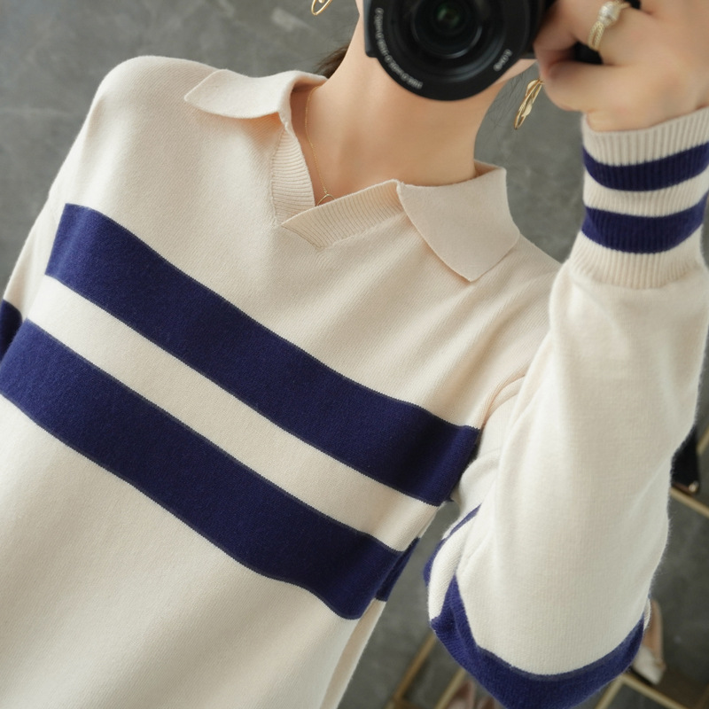 Winter New Style Lapel Striped Wool Knit Sweater Student Top
