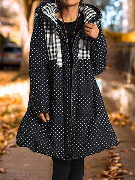 Zip Polka Dot Print Hooded Stitched Sleeve Jacket