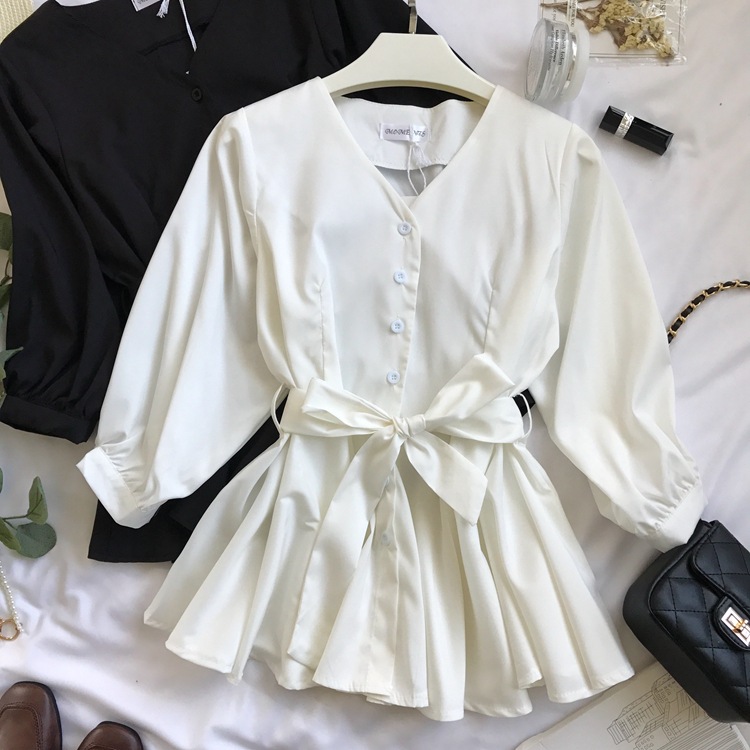 V-neck Single Breasted Waist Lace Flounces