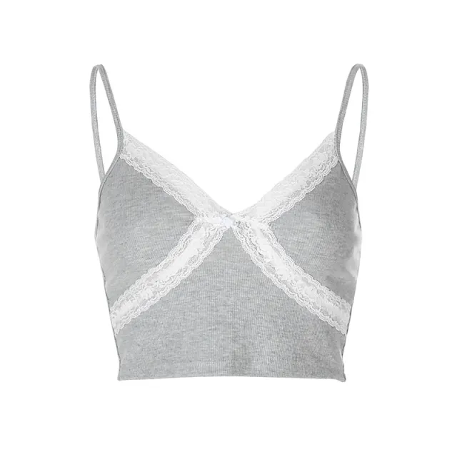 Fashion Girly Stitching Lace Trim Short Sling Top Grey - Shop at LoveMi
