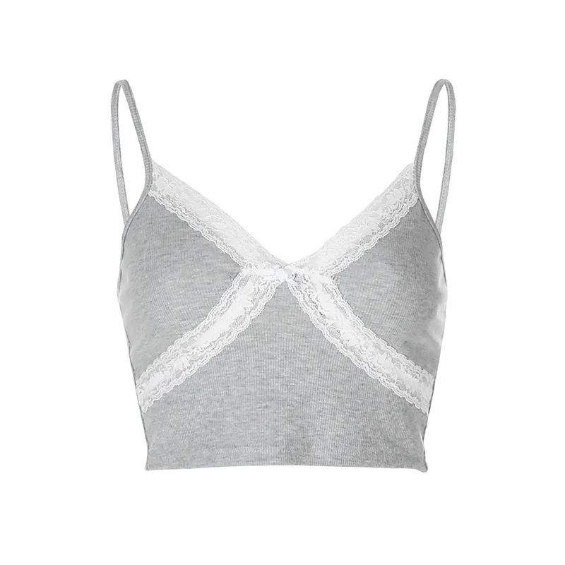 Fashion Girly Stitching Lace Trim Short Sling Top - Grey