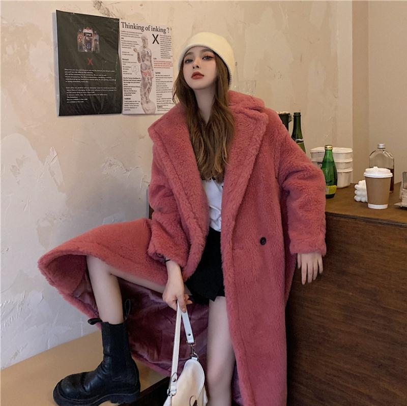 New Winter Thick and Versatile Loose Cardigan Plush Trench Coat Rose Red - Shop at LoveMi
