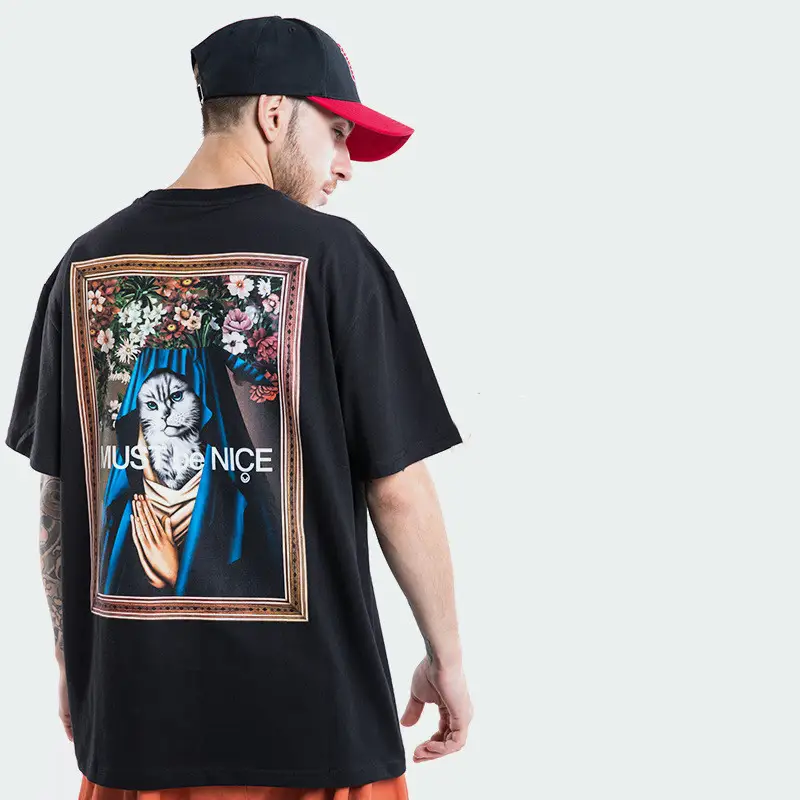 Middle Finger Cat Religious Madonna Cat Top Loose Short Sleeve