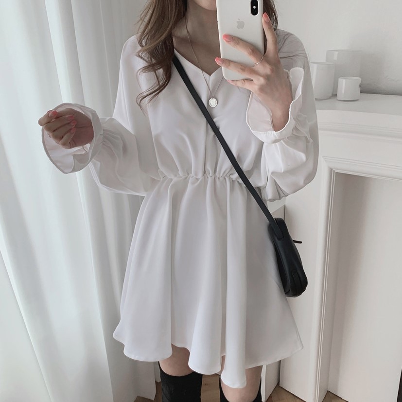 Women's Solid Color Dress Loose V-neck Waist Women's Dress