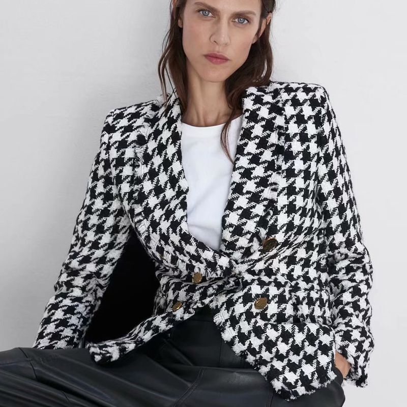 European And American Style Double-breasted Houndstooth Pattern Wool Suit