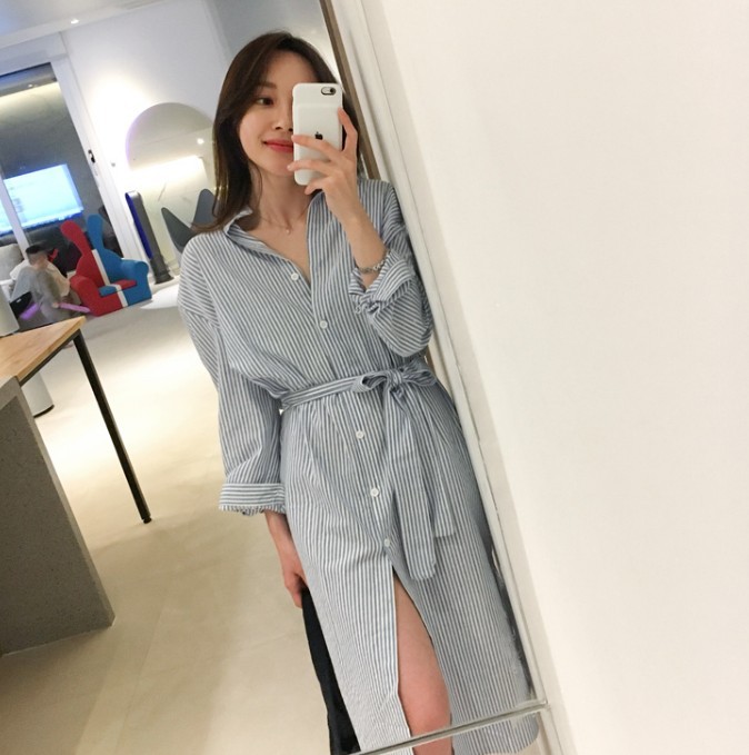 Simple Lace Striped Shirt Dress With Long Sleeves