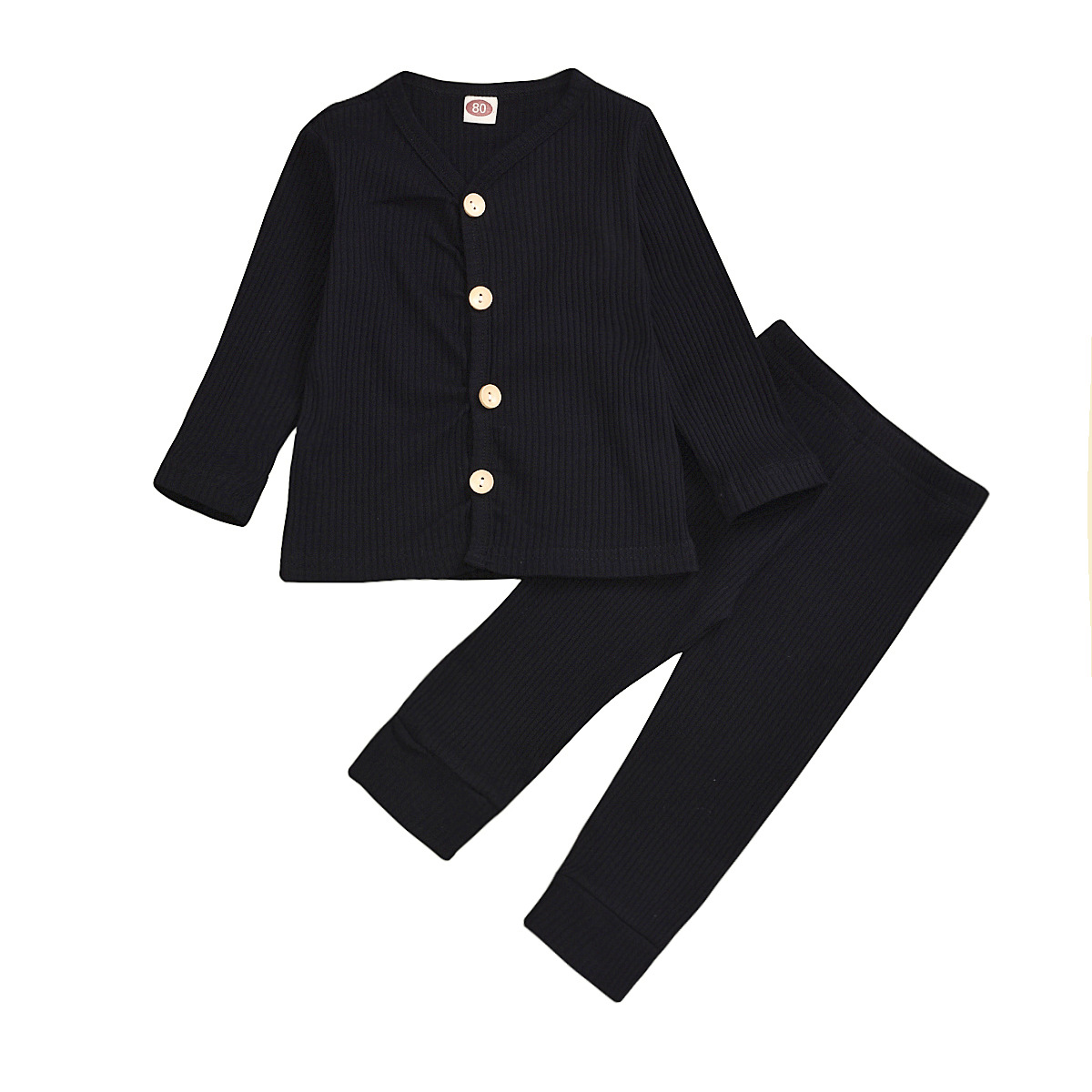 Infant And Young Children's Suit Solid Color Long-sleeved Pit Striped Cloth Top And Trousers