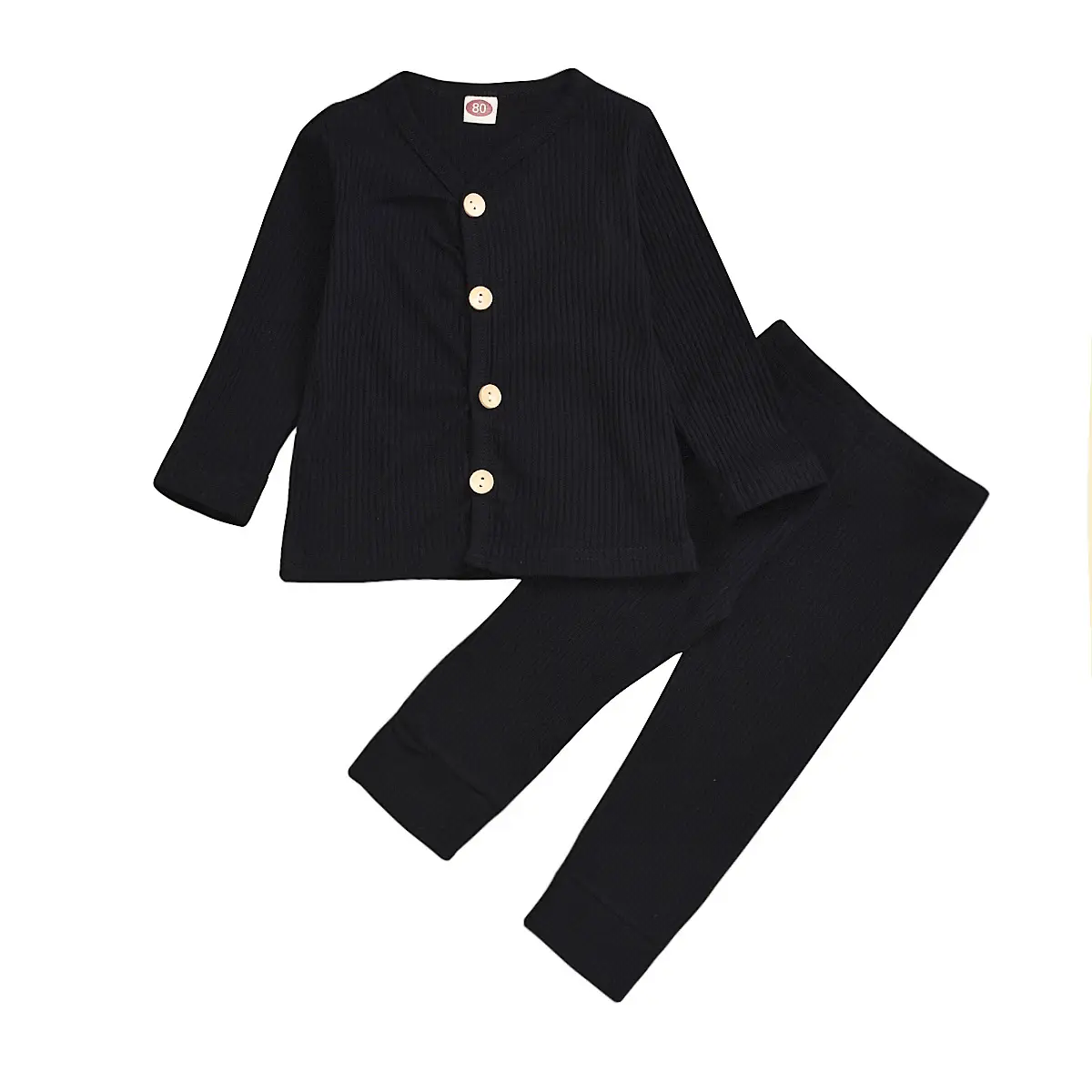 Infant And Young Children's Suit Solid Color Long-sleeved Pit Striped Cloth Top And Trousers