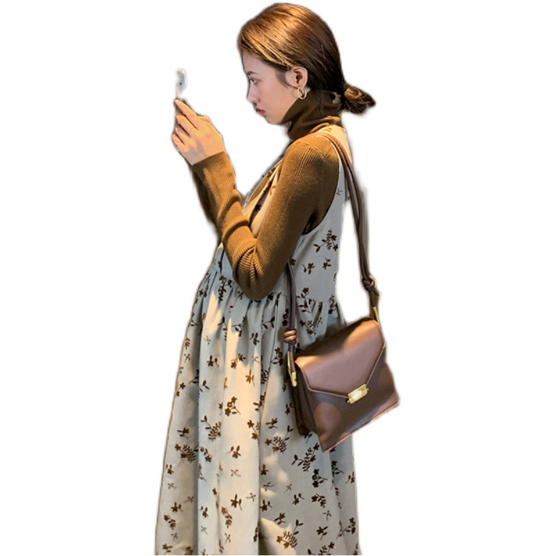 High Collar Long Sleeve Bottoming Shirt + Chiffon Floral Dress Two-piece Suit