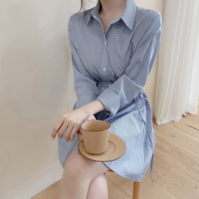 Simple Lapel Stripe Mid Length Lace Up Shirt Dress