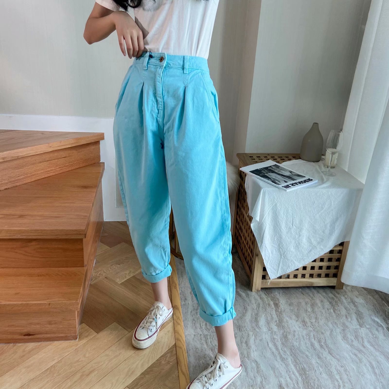 High Waist Washed Pleated Jeans Roll-up Radish Pants