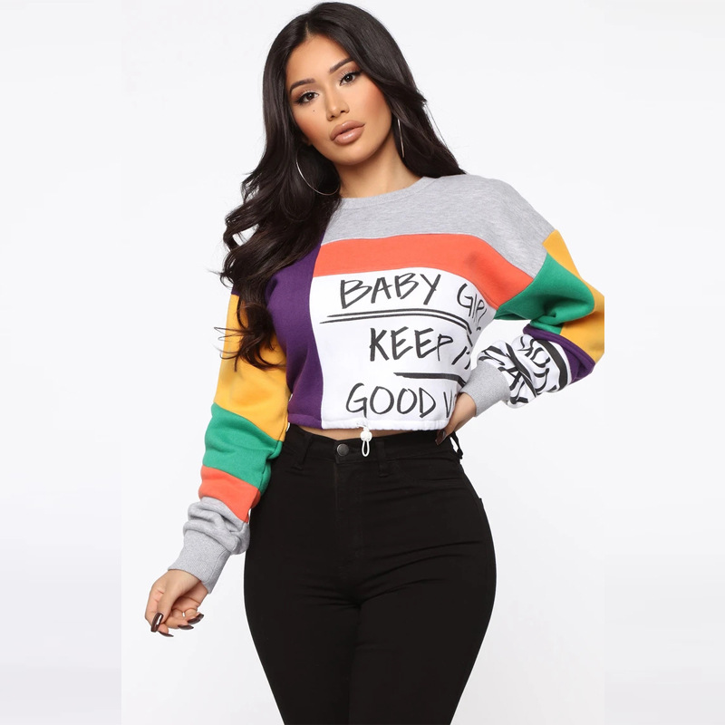 Stitching Sweater Women Casual Color Matching Loose Printed Top