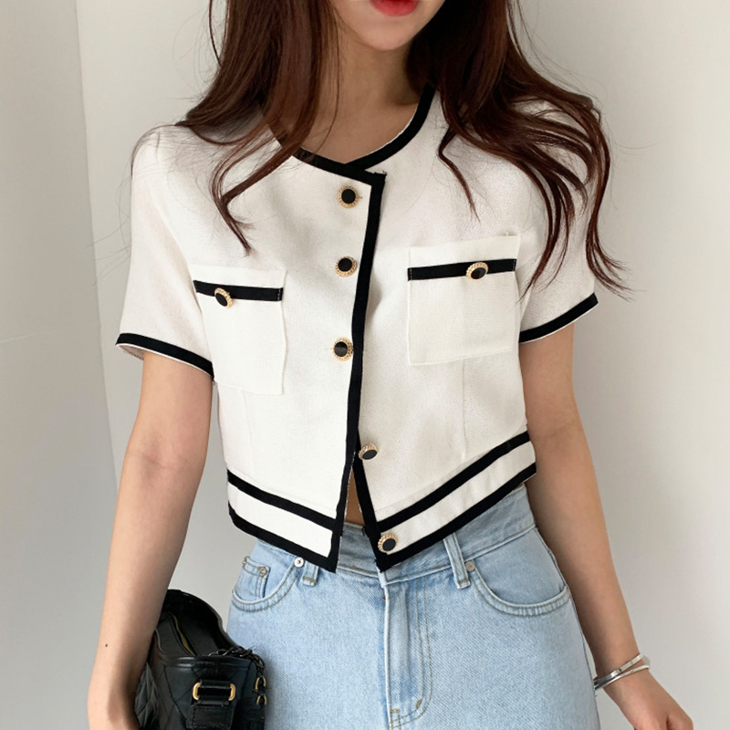 Retro Round Neck Contrast Line Design Short Shirt Women