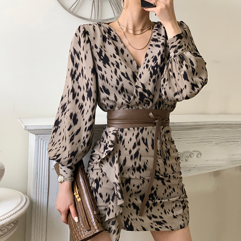 Light Mature Style Leopard Print V-neck Cross Ruffled Hip Dress
