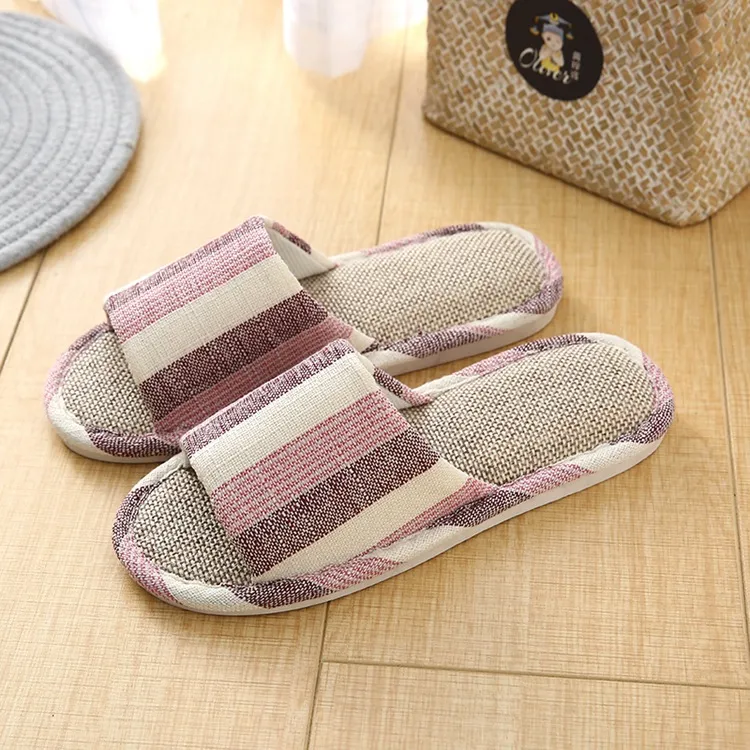 Home Cotton And Numb Floor Striped Slippers - Red