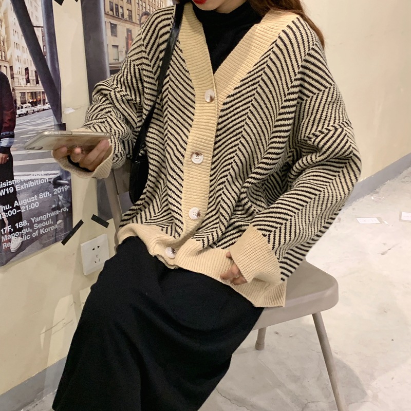 Retro v-Neck Striped Padded Sweater Cardigan Jacket