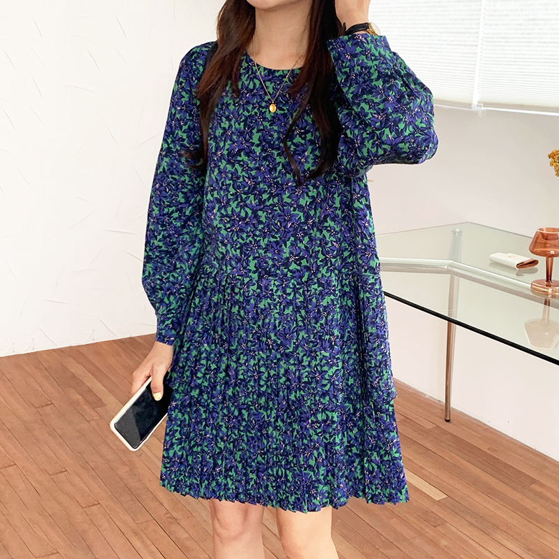 Small Floral Round Neck Slim Lantern Sleeve Pleated Dress