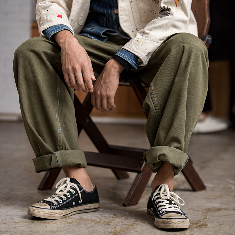 Japanese Retro Army Green Paris Buckle Wide-leg Daddy Pants