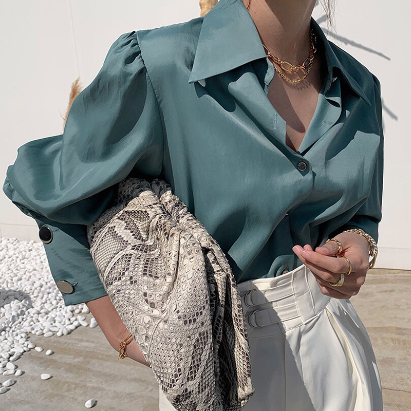 Single-breasted Design Loose Solid Color Lantern Sleeve Shirt Top