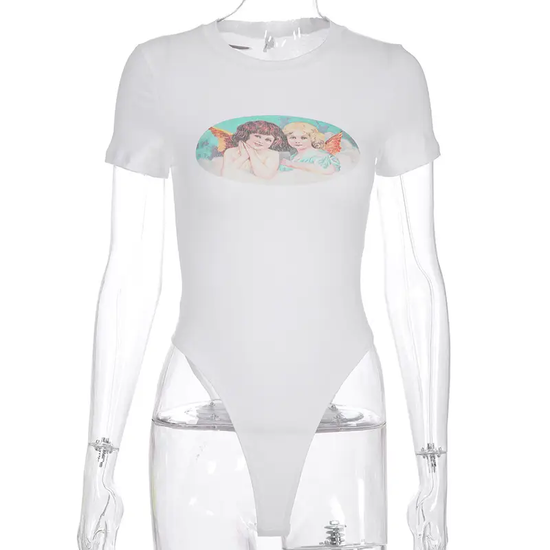 Sexy Angel Print Round Neck Tight Fashion Bodysuit