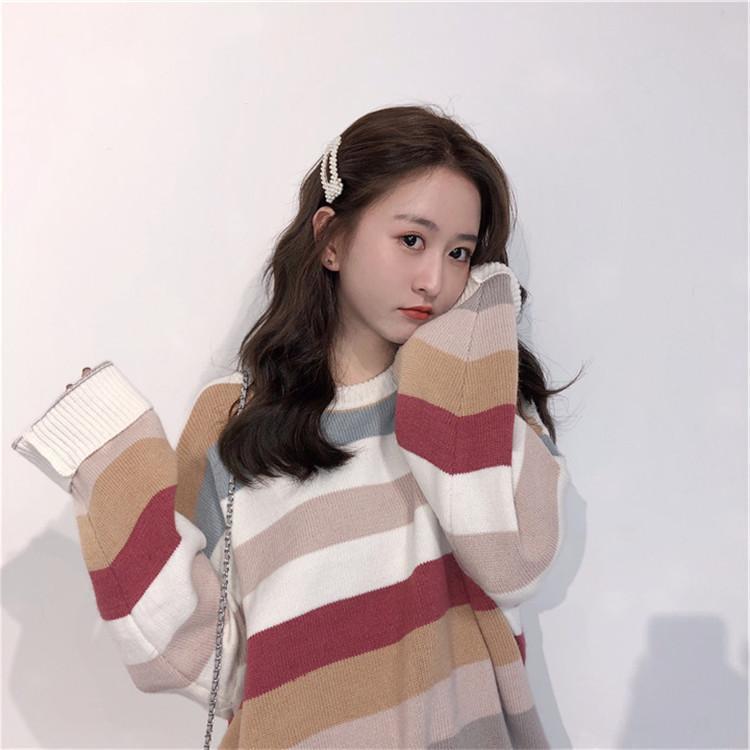 Loose Outer Wear Hedging Lazy Striped Sweater