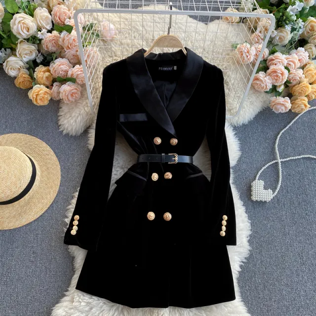 Ladies British Style Double Breasted Slim Velvet Dress Black - Shop at LoveMi