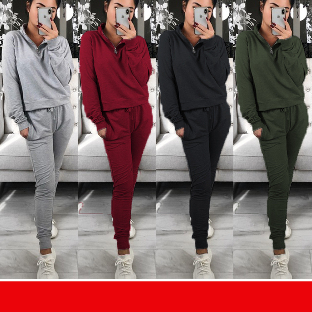 Hot Sale Solid Color Stand Collar Zipper Casual 2-Piece Sports Suit