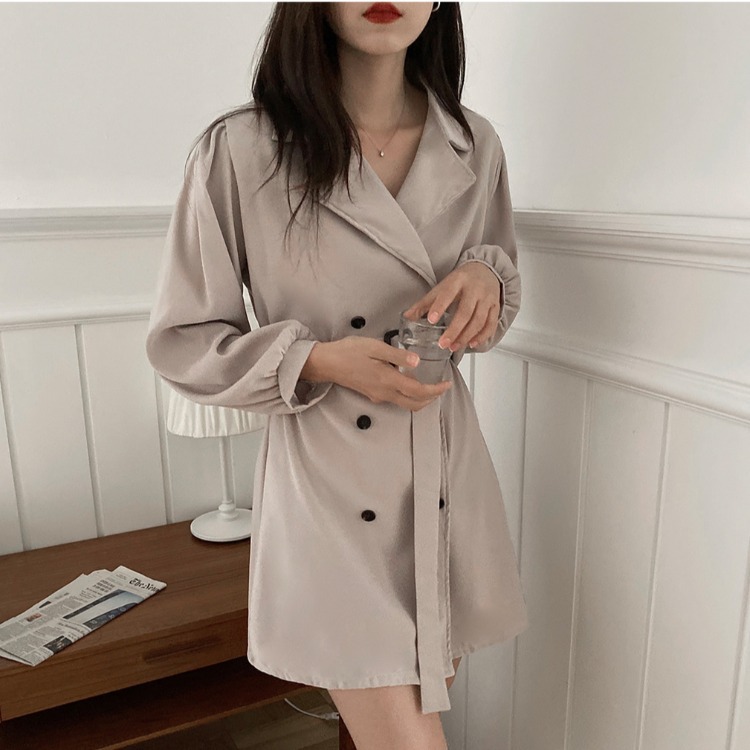Double-breasted Belted Mid-length Long-sleeved Dress