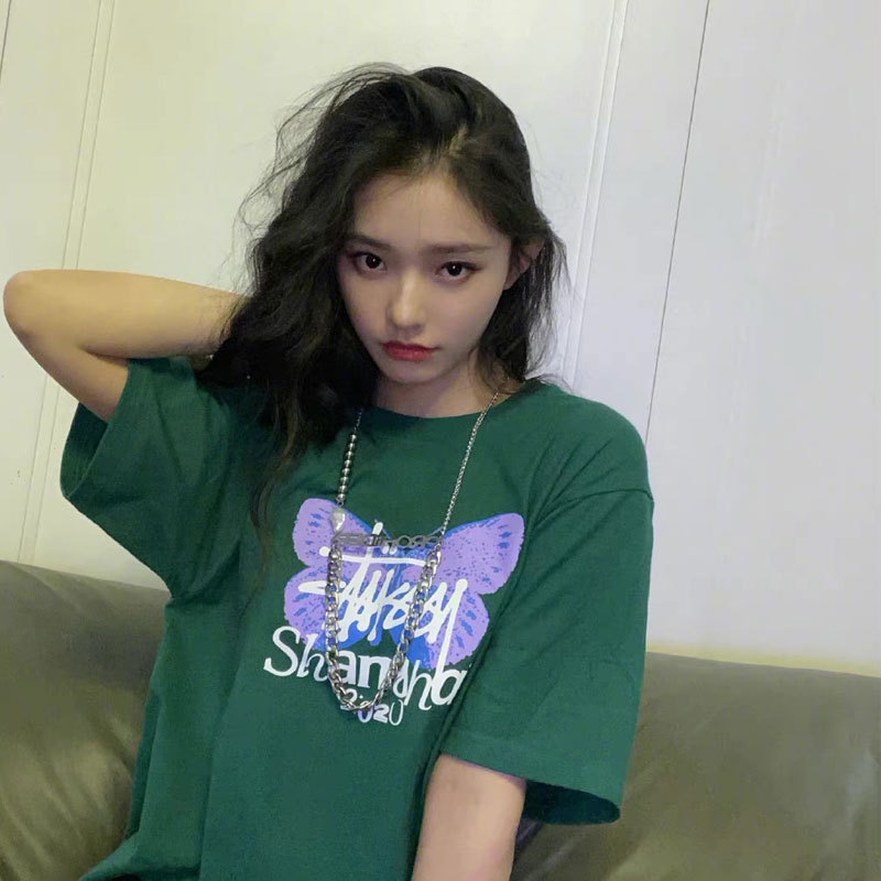 Green Butterfly Round Neck Loose Short Sleeves