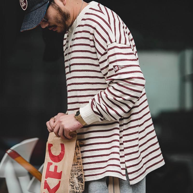 Retro Loose Blue And White Striped Sweater Round Neck Indian Long Sleeves